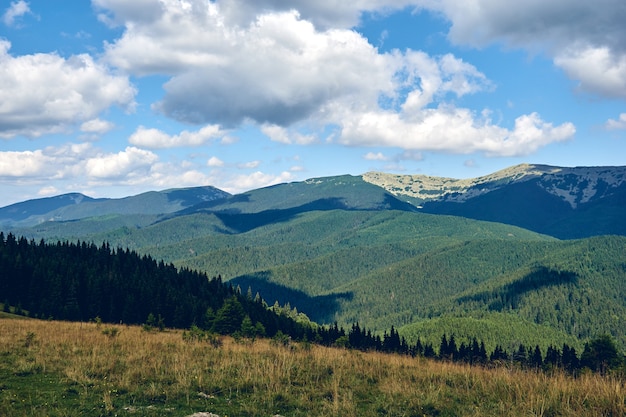 Mountains hills landscape during a sunny day with blue sky clouds. Dark autumn trees. Forest in summer. Hiking in wild mountains. Adventure Travel Concept.