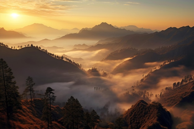 mountains is covered by morning fog and sunrise photography