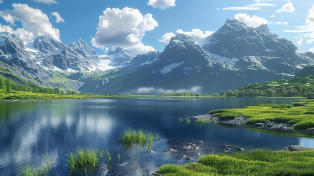 Mountains and lake landscape with green fields