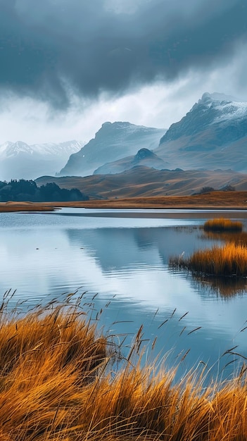 Mountains and lake landscape with long grass in the foreground