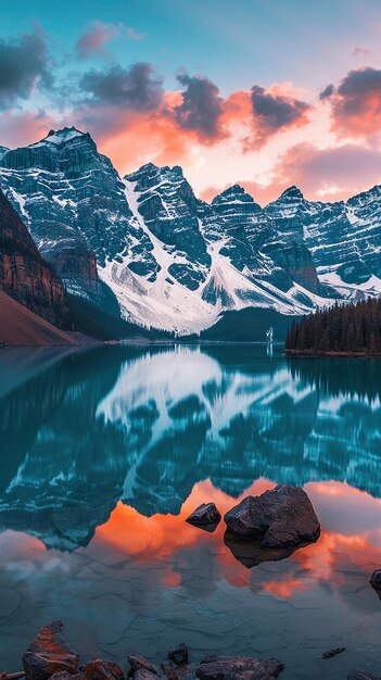 the mountains and the lake at sunset