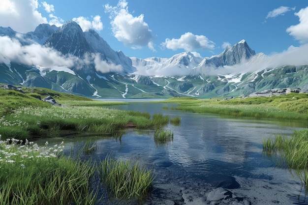 Mountains and lake in a valley with green grass field