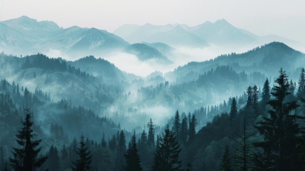 Mountains landscape with fog and forest Background illustration generated by ai