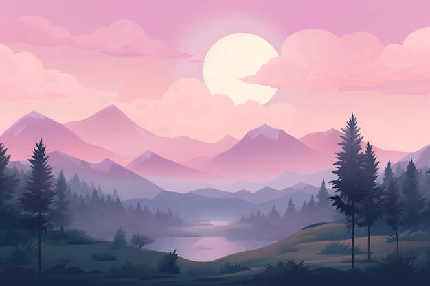 Mountains landscape with pink sky and mountains