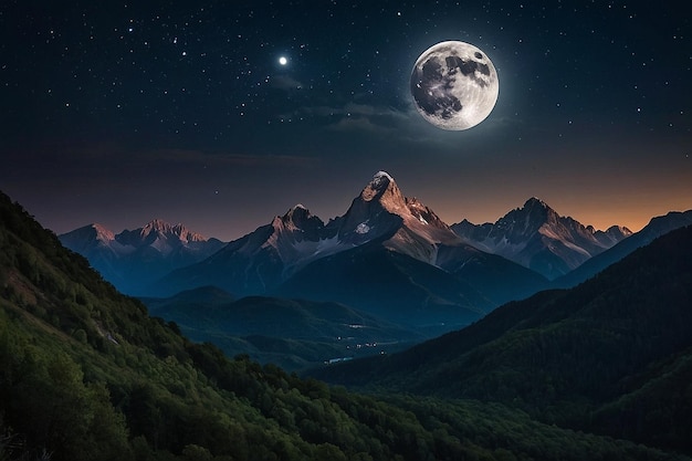 Mountains at night with a full moon in the sky