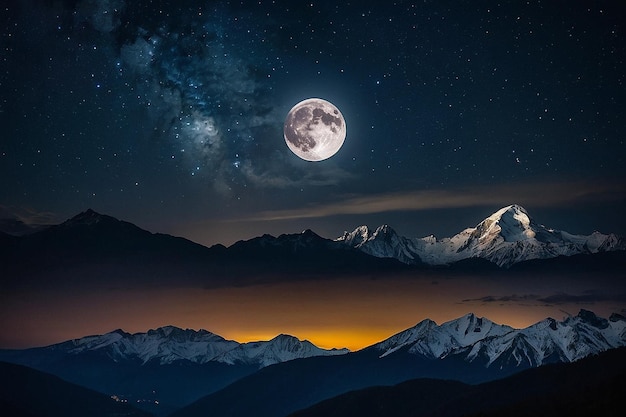 Mountains at night with a full moon in the sky