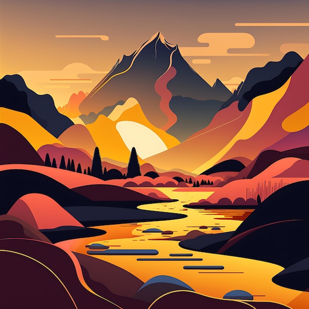 Mountains and river landscap synthwave design