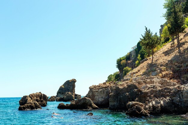 The mountains and sea scenery with blue sky beautiful nature Summer time Vocation concept Selective focus