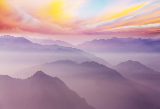 Mountains silhouette at sunrise. Beautiful natural landscape.