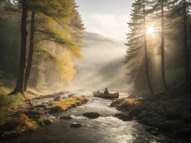 Mountains streams fog birds in the sky canoes sunlight through the trees