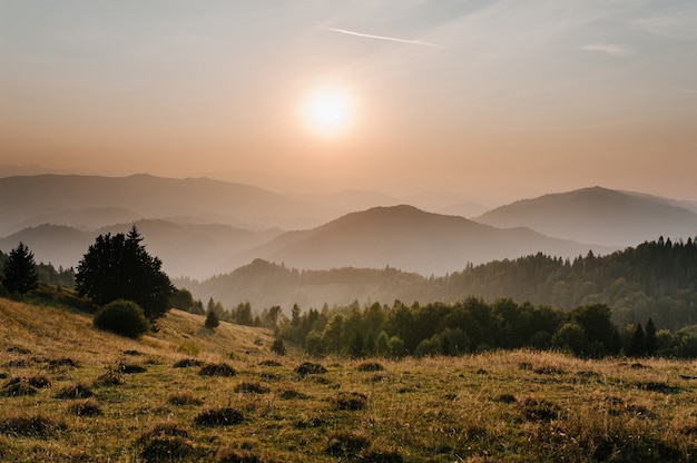 Mountains and sunset Carpathians Ukraine. mist ledge of a mountain, beautiful sunset over a wide  valley. On the horizon, trees. The sky line of aircraft. Fog in the mountains. The sun shines