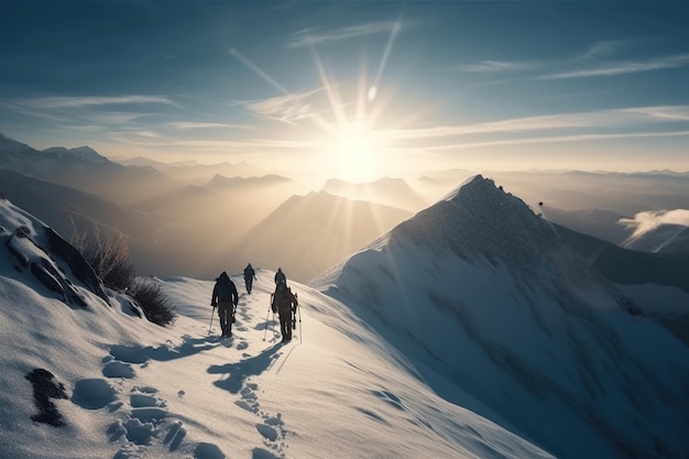 Mountains team climbers on snowy trail conquered the mountain in winter