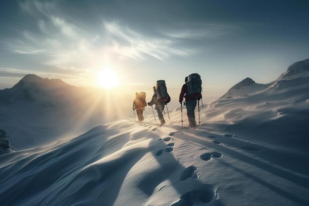 Mountains team climbers on snowy trail conquered the mountain in winter