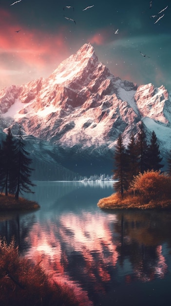 Mountains and trees are reflected in a lake at sunset generative ai