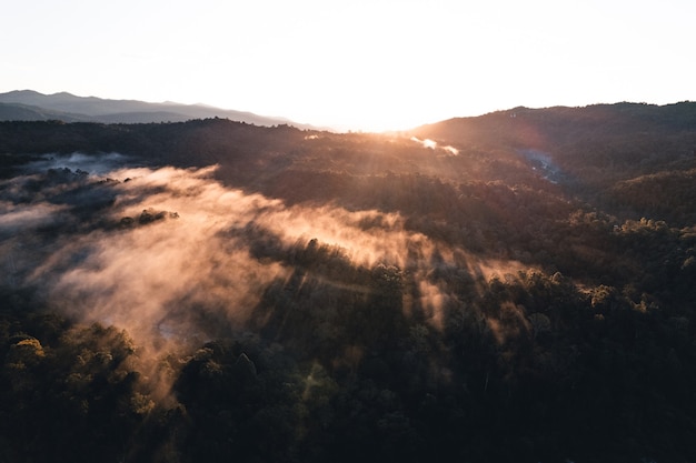 Mountains and trees at a rural village, high angle in the morning