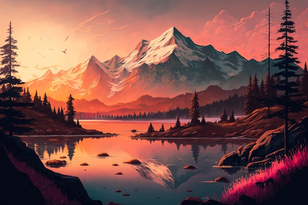 Mountains trees and water at sunset Generative AI