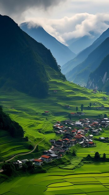 Mountains and valleys with a village in the middle of them generative ai