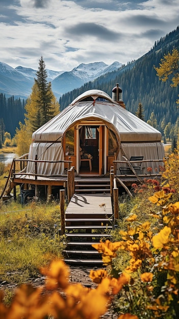 In the mountains a white yurt with a backdrop of immature poplar trees