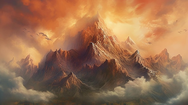 mountains with a bird flying over them in a cloudy sky generative ai