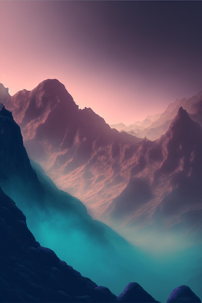 Mountains with a blue sky and a pink sky in the background generative ai