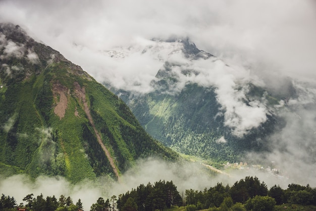 Mountains with green grass and stormy sky landscape