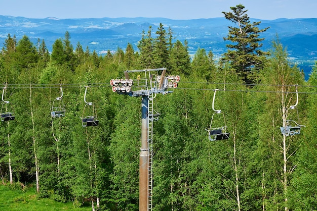 Mountains with open cable cars lift Karpacz Poland