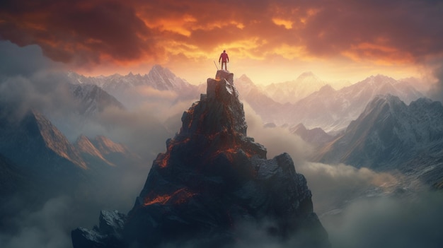 mountains with a person on top of a mountain with a red sky generative ai