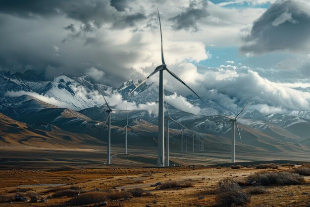 Mountains with snow capped peaks and wind turbines in the foreground