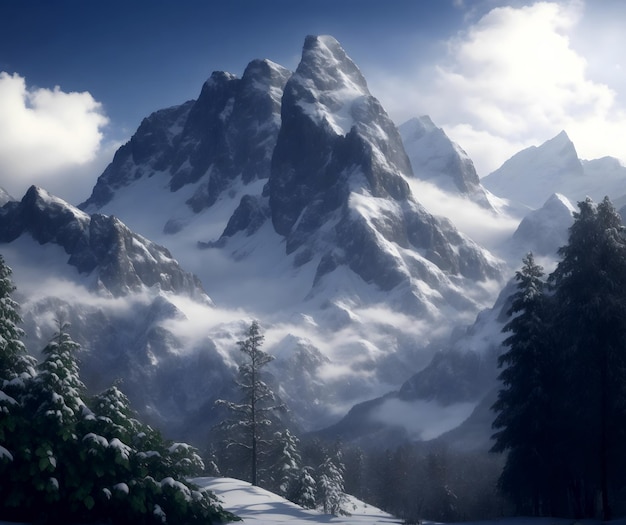 mountains with snow and trees jungle