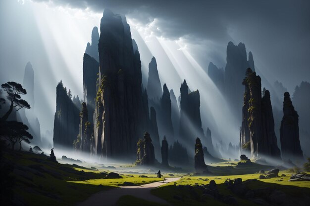 Mountains with sunlight through clouds