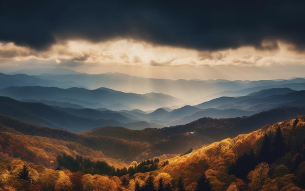 Mountains with trees and clouds in the distance with sun shining through the clouds generative ai