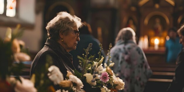 Photo mourners paying their respects by placing flowers on a woman39s coffin at a church funeral service concept funeral service mourners respect flowers coffin