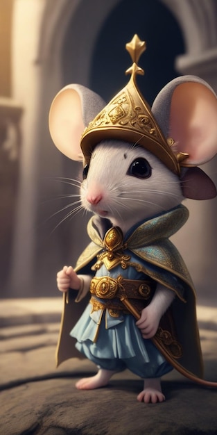 A mouse in a blue dress with a gold crown and a crown