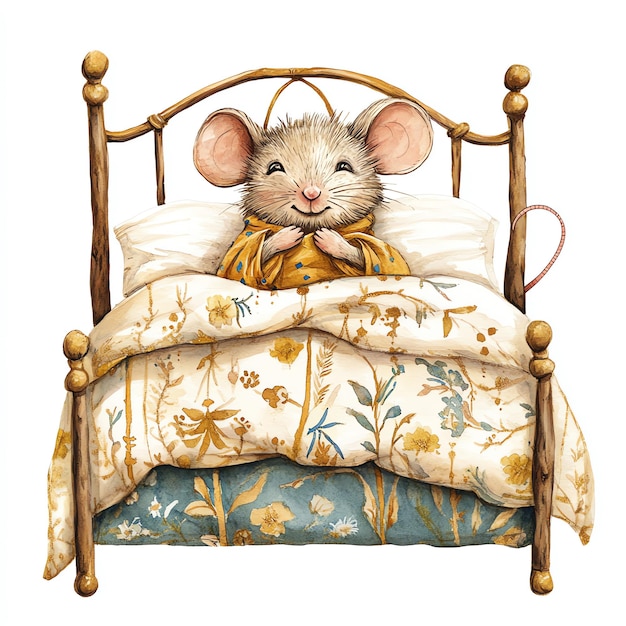 mouse in boho bed nuresery watercolor