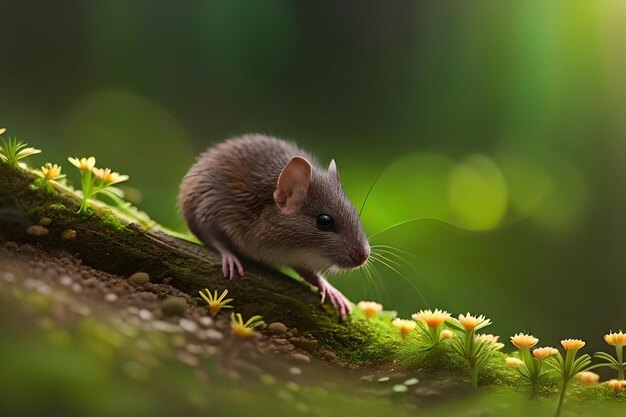 A mouse on a branch with yellow flowers