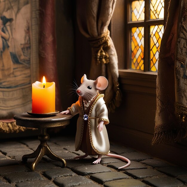 Photo mouse dressed in robe next to candle in old house beautiful miniature