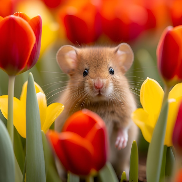 A mouse in a field of tulips with yellow and red flowers.