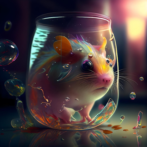 The mouse in a glass jar with soap bubbles on a dark background