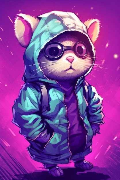 A mouse in a hoodie with a hoodie and glasses.