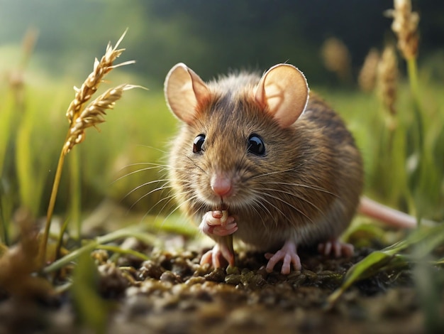 a mouse is looking for food in the rice field