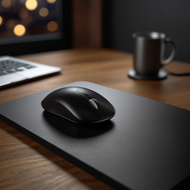 a mouse and a laptop on a desk with a coffee mug in the background