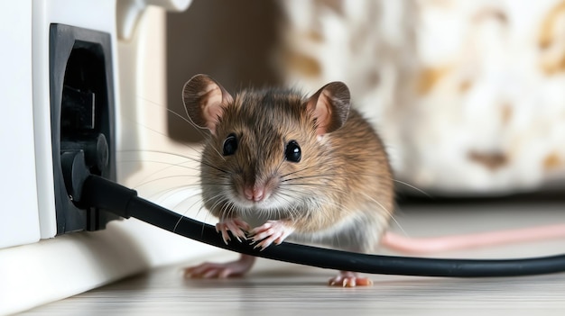 Photo mouse near electrical outlet exploring surroundings