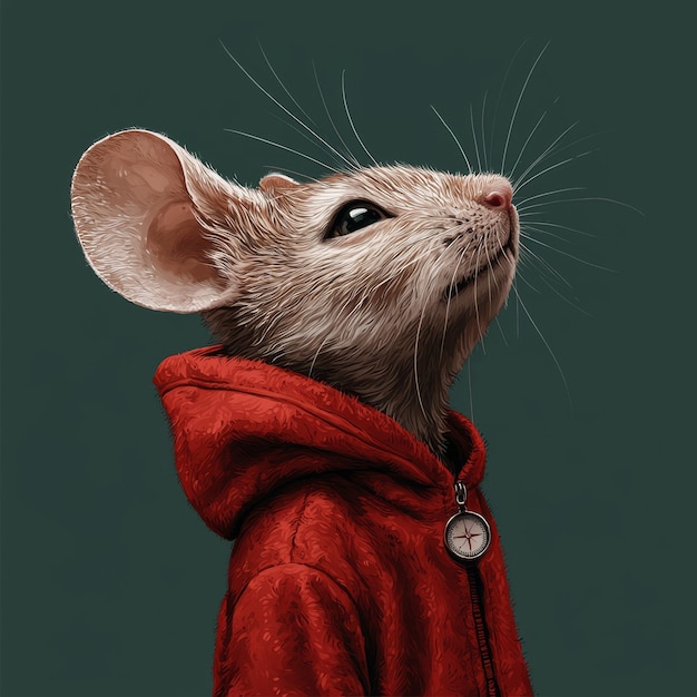 Photo mouse in red hoodie with compass looking up