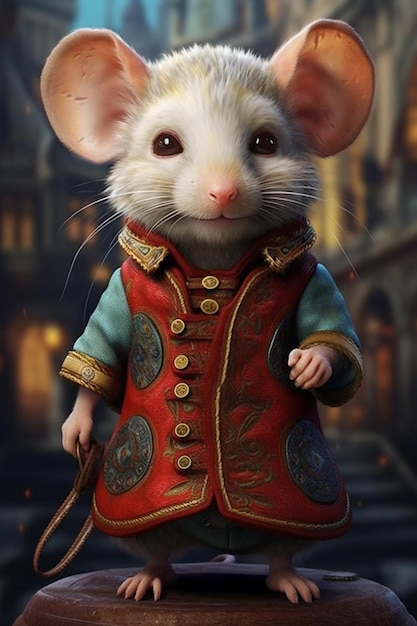 A mouse in a red jacket with a sword.