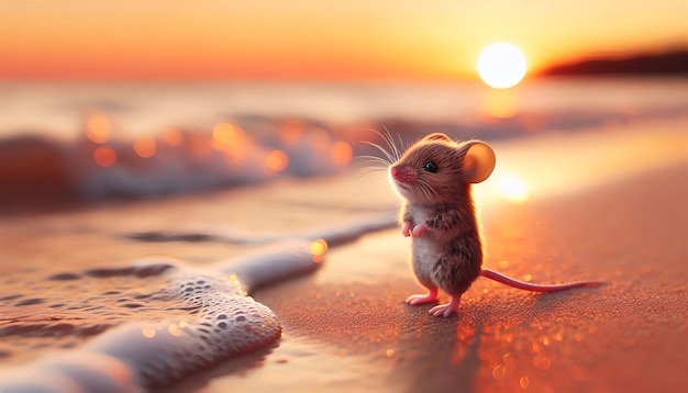 a mouse sits on a beach with the sun behind himsun