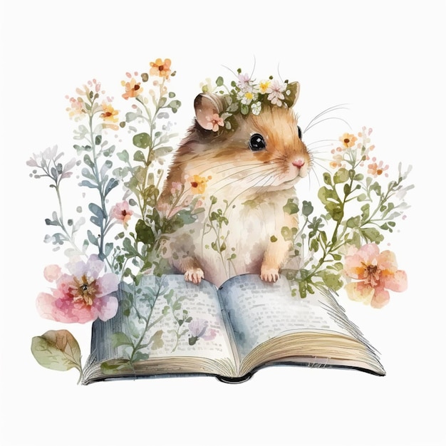 A mouse sits on a book and reads a book.