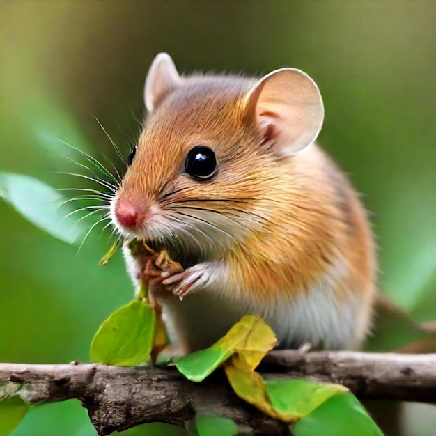 a mouse sits on a branch with leaves and a blurry background