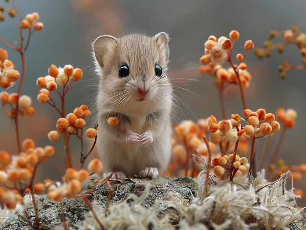 a mouse sits on a piece of wood with orange flowers