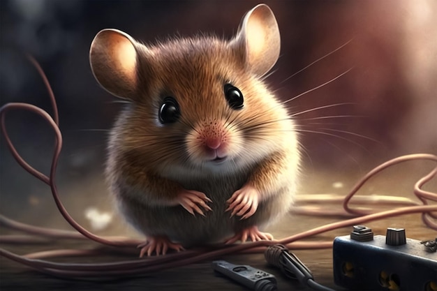 A mouse sits on a table next to a camera