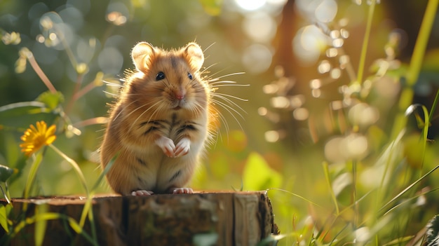 a mouse sits on a tree stump with the sun behind him